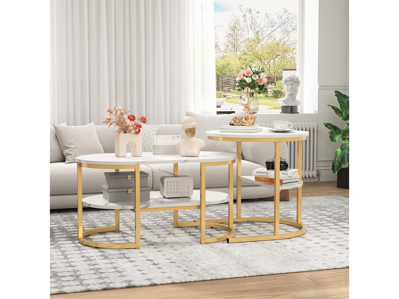  Lot de 2 tables basses gigognes , structure en métal , moderne table d'appoint rondes ,plateau aspect marbre, blanc et doré ,80 x 46 x 41 cm et ø52cm  - Conforama D