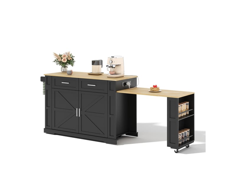 Desserte de cuisine avec plan coulissant, 2 tiroirs, armoire 2 portes et prises intégrées, noir 130 × 50 × 93 cm - Conforama A