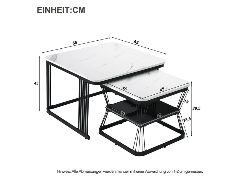  Tables basses gigognes lot de 2 avec plateaux effet marbre brillant et piétement en acier noir, mdf blanc pour salon  - Conforama E