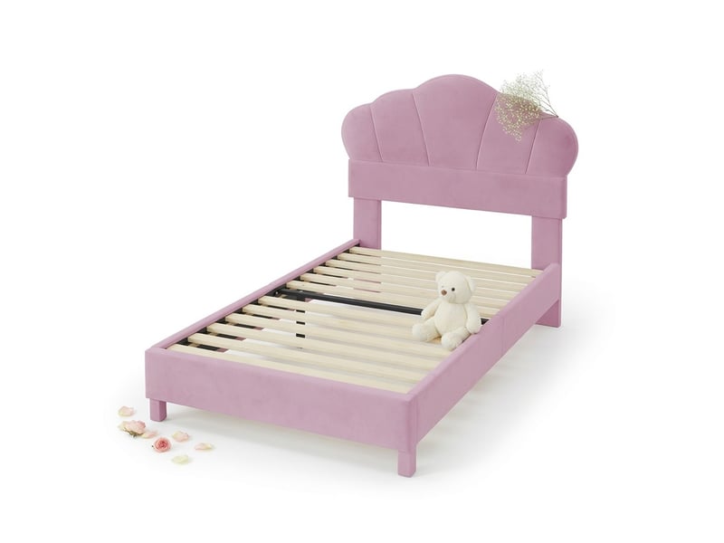  Lit enfant 90x200 cm en velours rose avec barre led sur le pourtour, tête de lit en forme de nuage et pied de lit caché  - Conforama A