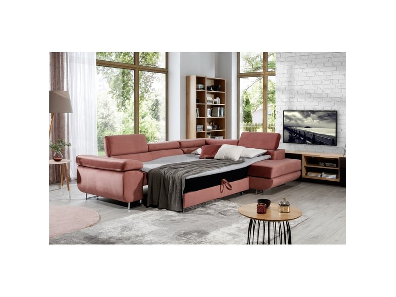 Canapé d'angle convertible menton rose velours – angle droit avec coffre - Conforama D