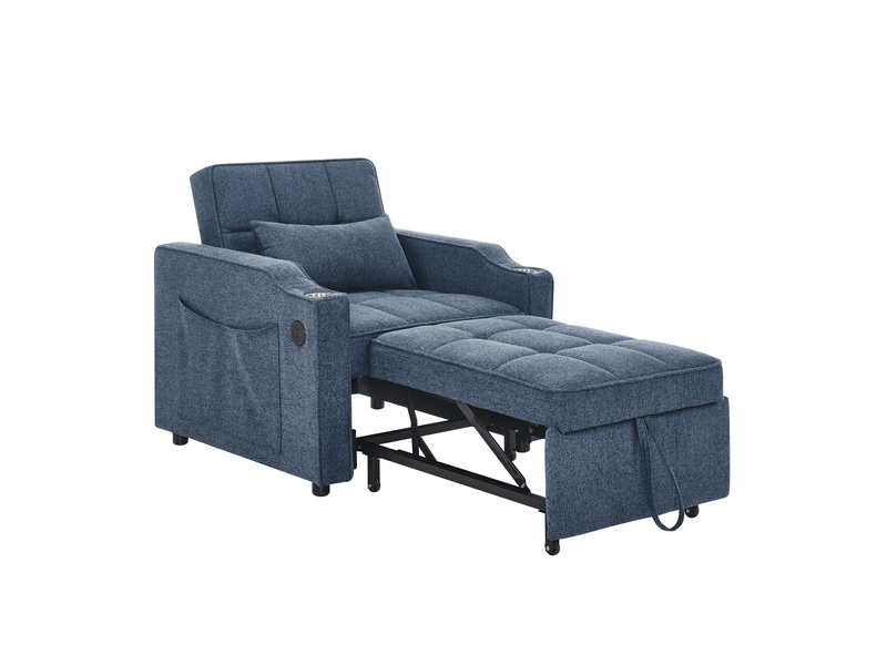  Fauteuil convertible 1 place 3 en 1 avec fonction lit, dossier réglable 3 positions, ports usb et type-c, porte-gobelet et poches latérales, en tissu et bois bleu marine  - Conforama A