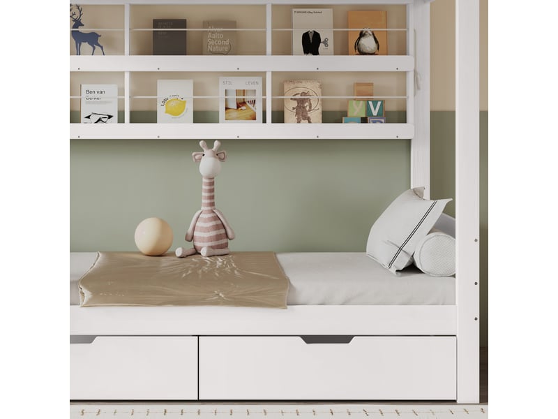  Lit superposé enfant 90x200 cm – blanc – 2 tiroirs à roulettes et étagères latérales de rangement ouvertes  - Conforama B