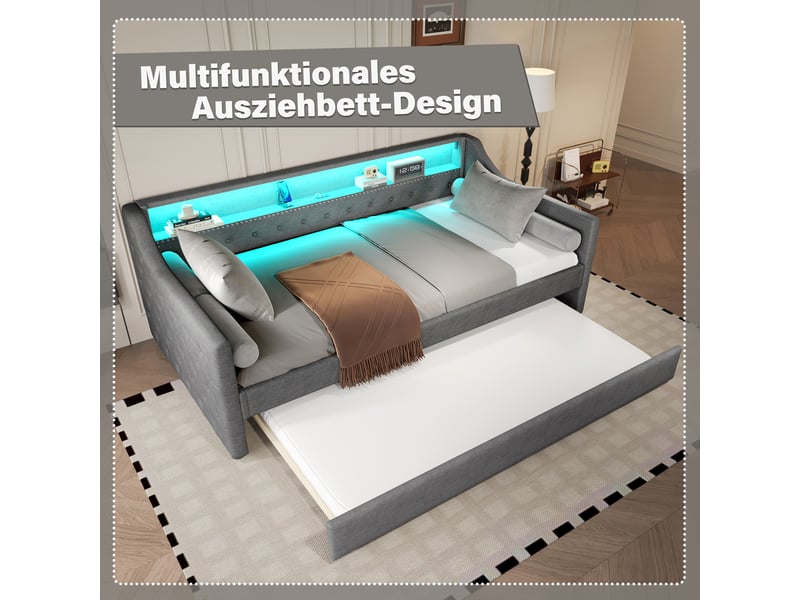 Lit banquette 90x200 avec lit gigogne, canapé lit en lin gris avec éclairage led et port usb  - Conforama E