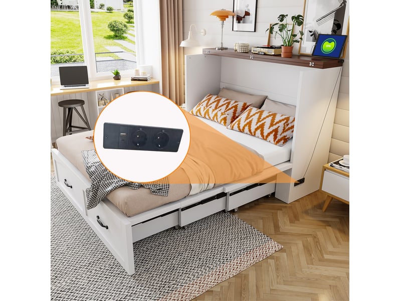  Lit escamotable 140 × 200 cm 2 places avec prise intégrée et roulettes silencieuses, sans matelas, blanc  - Conforama E