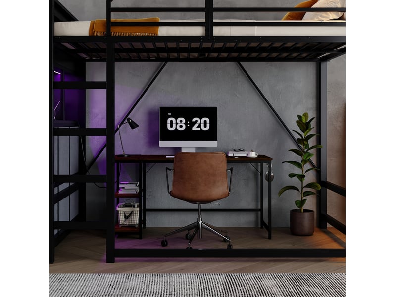  Lit mezzanine 120x200 cm en métal noir, 6 tiroirs, éclairage et station de charge, rangement latéral, sans matelas  - Conforama E
