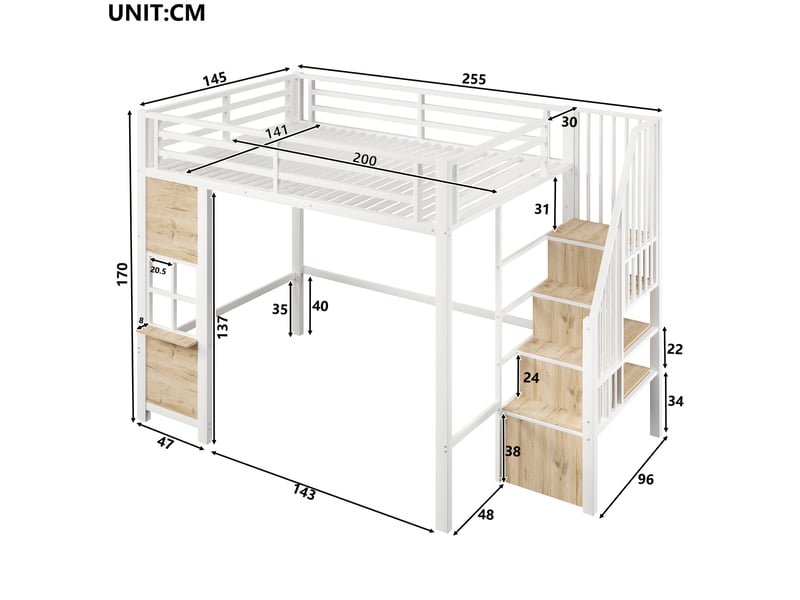  Lit mezzanine enfant 140 × 200 cm 2 places avec escalier de rangement et étagères, sans matelas, blanc  - Conforama D