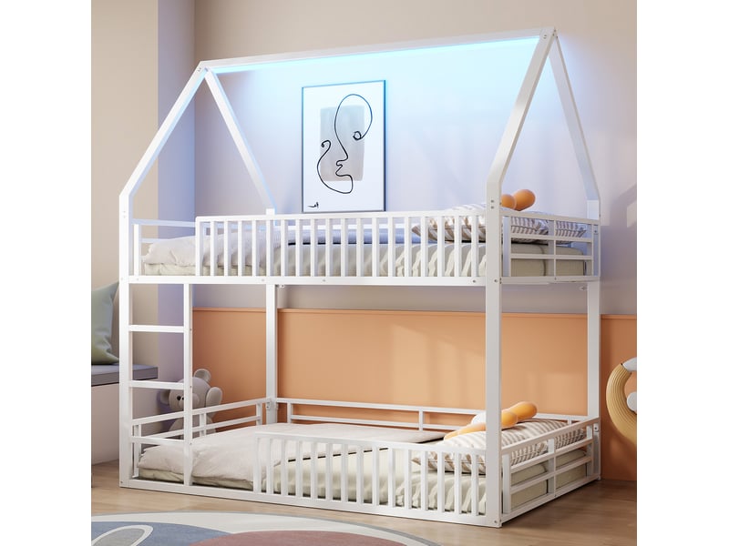  Lit cabane 140x200 avec barrière de sécurité et éclairage led 7 couleurs en métal blanc sans matelas  - Conforama D