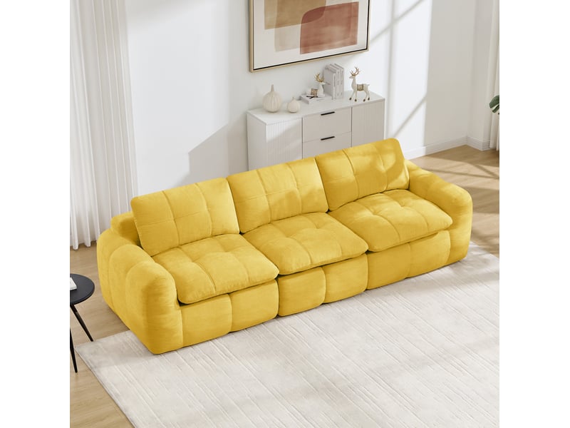  Canapé modulaire 3 places modenvie sans cadre, tissu chenille jaune, design matelassé, coussins épais, 264 x 97 x 68 cm  - Conforama E
