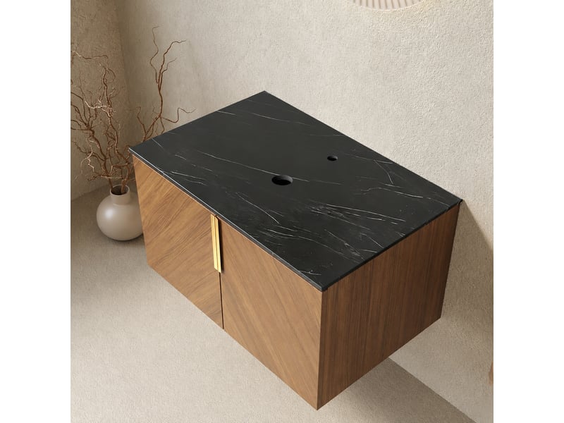  Meuble sous vasque 76 cm avec plan de toilette en pierre frittée, effet chêne, portes doubles  - Conforama C