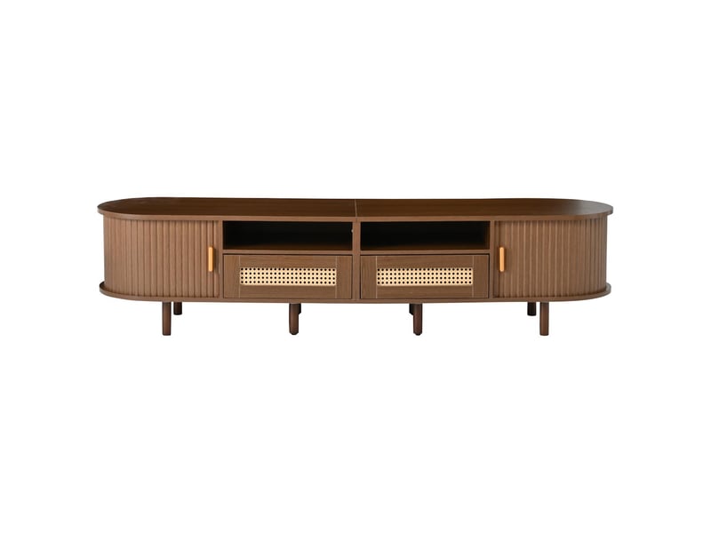  Meuble tv ovale avec tiroirs en rotin et portes mdf coloris noyer 170x40x40 cm - pangivo  - Conforama A