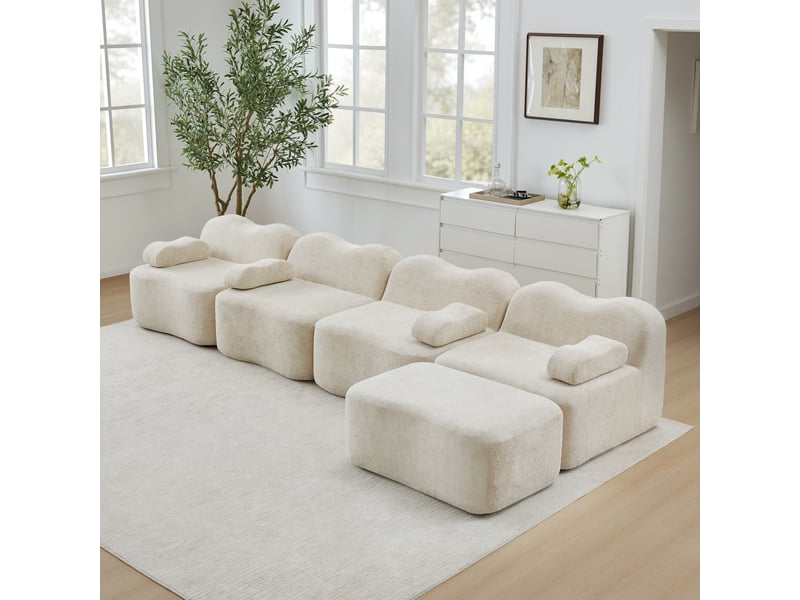  Canapé modulaire 4 places 384x167x70 cm, sans cadre, forme ondoyante, mousse 32d, 1 pouf, velours, beige  - Conforama B