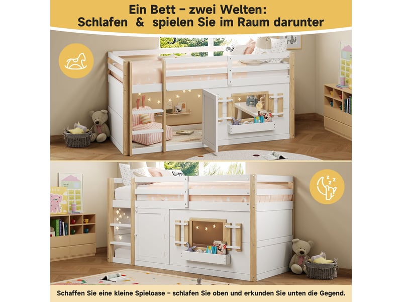  Lit mezzanine enfant 90x200 cm avec espace de jeu inférieur-échelle et barrières-structure en bois-blanc  - Conforama D