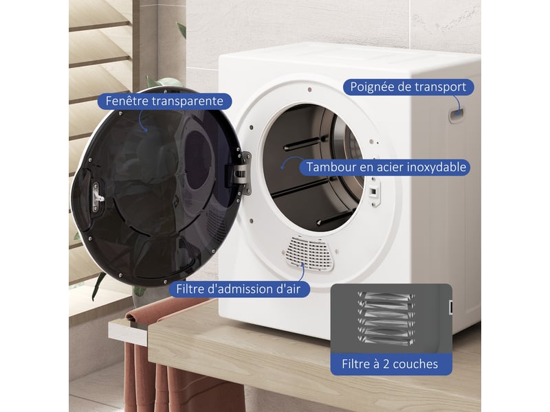  Sèche-linge électrique portable 850w, capacité 33l 4 modes de fonctionnement, 49l x 40,5l x 60h cm, acier inoxydable  - Conforama E