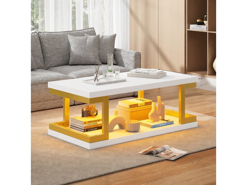  Table basse led blanche et dorée, rectangulaire 100 x 50 x 37,5 cm, rangement ouvert  - Conforama C