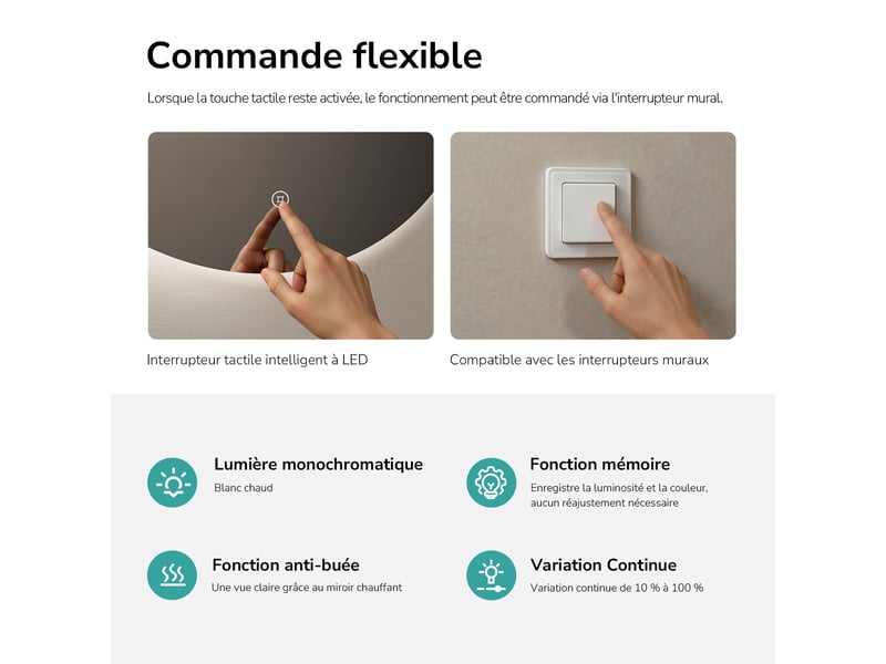  Emke miroir salle de bain led, diamètre 60cm, rétro-éclairage sans cadre, interrupteur tactile, intensité réglable, éclatant blanc froid  - Conforama E