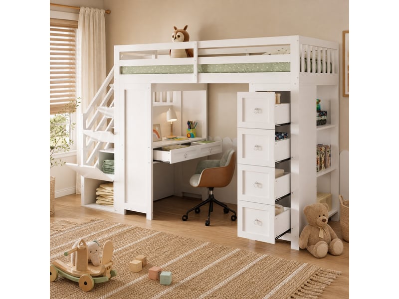  Lit mezzanine enfant 90x200 cm avec bureau, rangements et escalier blanc  - Conforama B