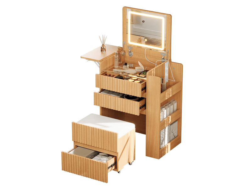  Coiffeuse 79x40x120 cm avec miroir led rabattable et tabouret à roulettes coloris naturel  - Conforama A