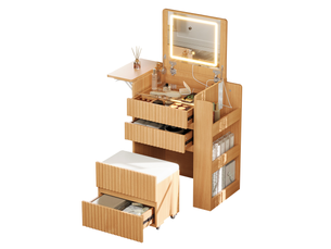 Coiffeuse 79x40x120 cm avec miroir led rabattable et tabouret à roulettes coloris naturel
