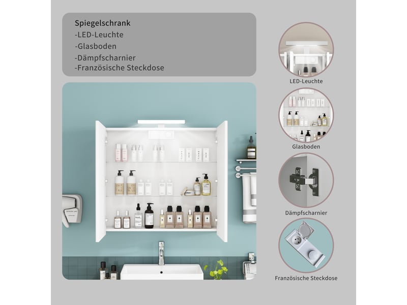 Armoire de toilette murale 2 portes avec miroir led blanc 80 x 16 x 70 cm W3610P371379 - Conforama D