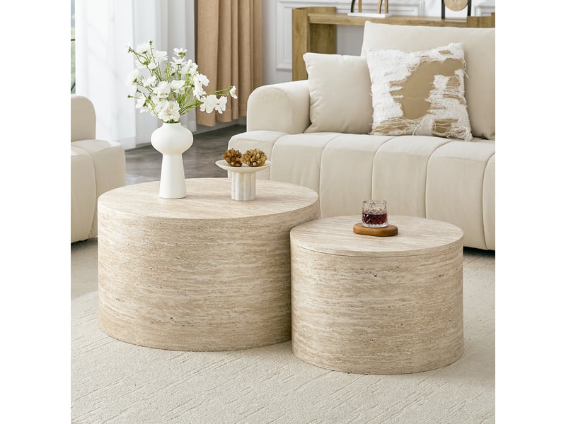 Lot de 2 tables basses gigognes rondes avec rangement, aspect bois naturel en mdf, table d'appoint pour salon, ø 62,8 cm et 44 cm - Conforama R