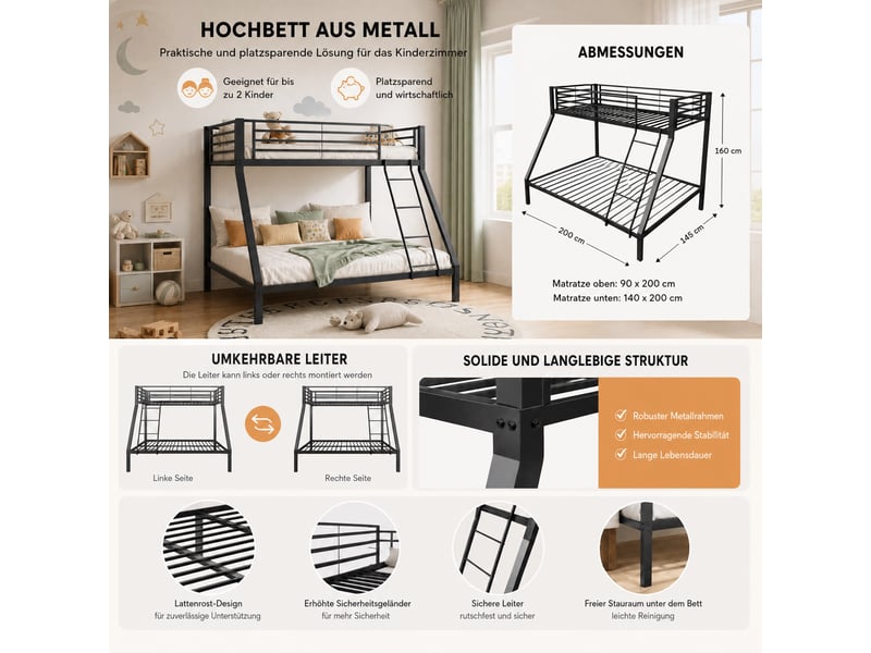  Lit superposé 3 places 90×200 cm et 140×200 cm, échelle réversible et barrières - okmyhome- noir, sans matelas  - Conforama E