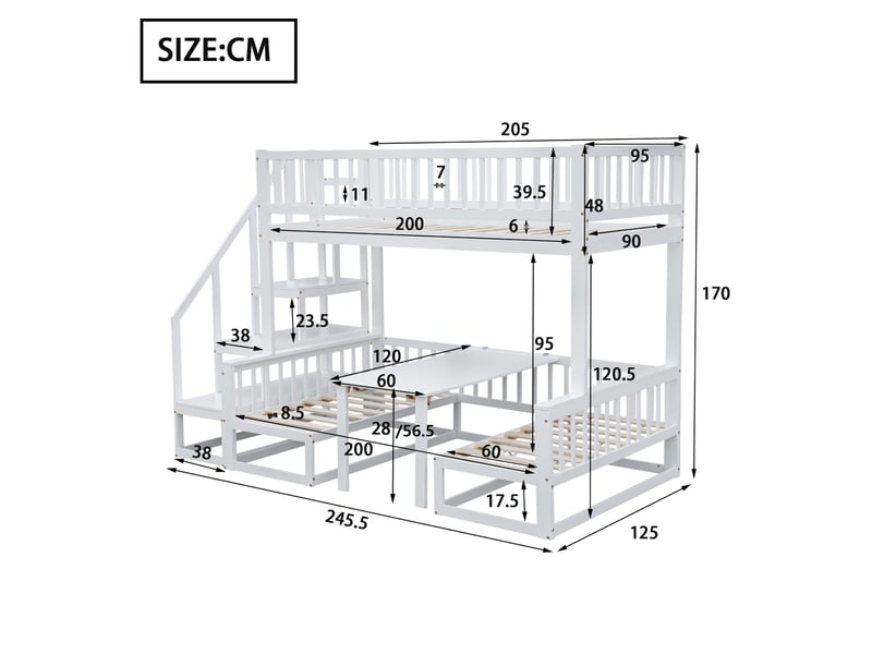 Lit superposé 90x200 cm et 120x200 cm avec escalier, table réglable, bois et mdf blanc sans matelas - Conforama E