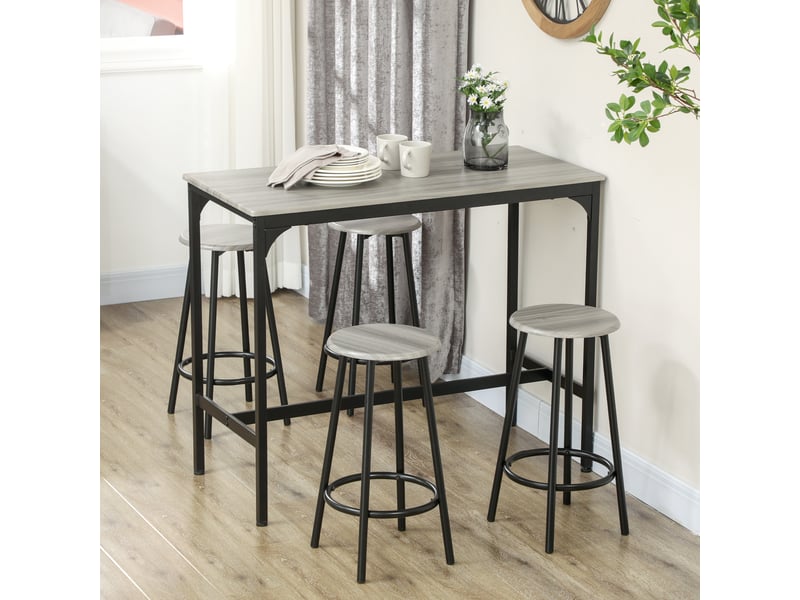  Ensemble table haute et 4 tabourets avec repose-pieds, métal noir et aspect bois pour cuisine salle à manger  - Conforama D