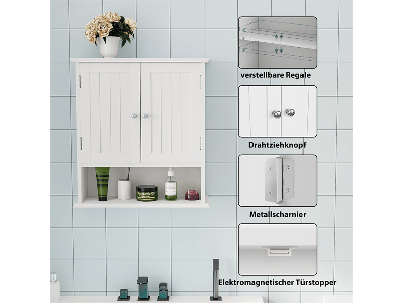 Meuble mural salle de bain blanc, placard double porte, étagères réglables, rangement - Conforama E
