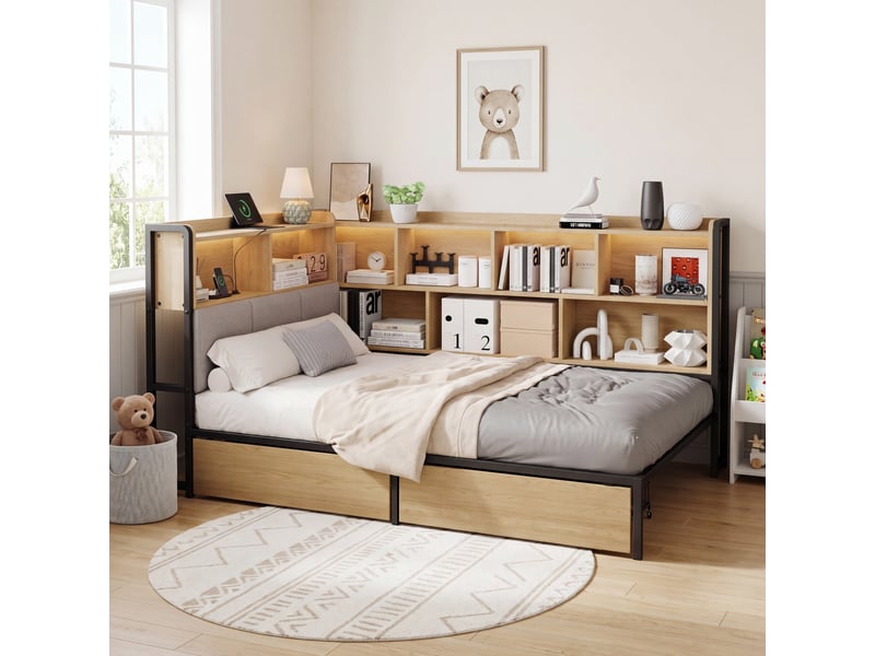 Lit simple 90x200 cm avec led et 2 tiroirs, lit enfant avec usb et usb-c et tête de lit rangement, naturel - Conforama D