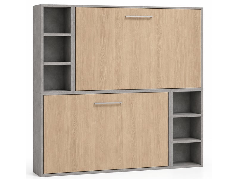  Lit escamotable superposé avec niches de rangement briano-90x200-cadre gris ciment-façade chêne clair  - Conforama A