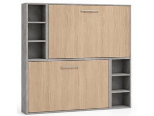 Lit escamotable superposé avec niches de rangement briano-90x200-cadre gris ciment-façade chêne clair