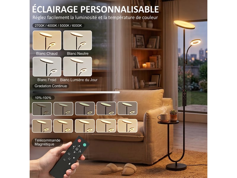  Lampadaire led dimmable 42w 4840lm liseuse réglable et tablette lampadaire sur pied salon 2700k-6000k télécommande noir  - Conforama R