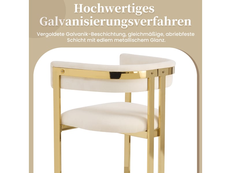  Chaises de salle à manger lot de 6 dossier semi-circulaire  - piètement métal chenille beige et or  - Conforama E