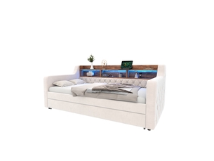 Canapé lit 90x190 cm en velours, lit gigogne capitonné avec coffre de rangement, led, usb-c et tête de lit avec étagère - beige