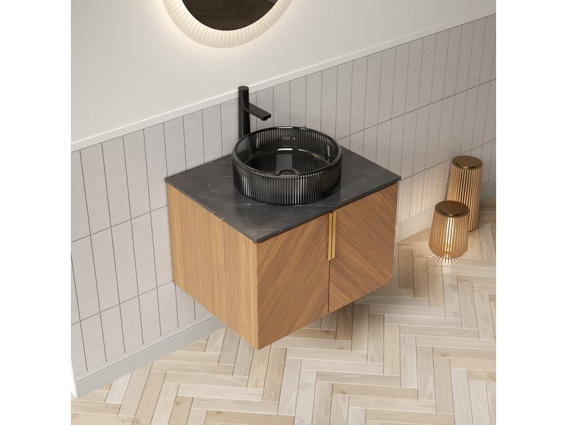  Meuble vasque suspendu 2 portes à fermeture douce - lpospi - rangement, verre trempé et pierre frittée - noir, chêne brun  - Conforama B