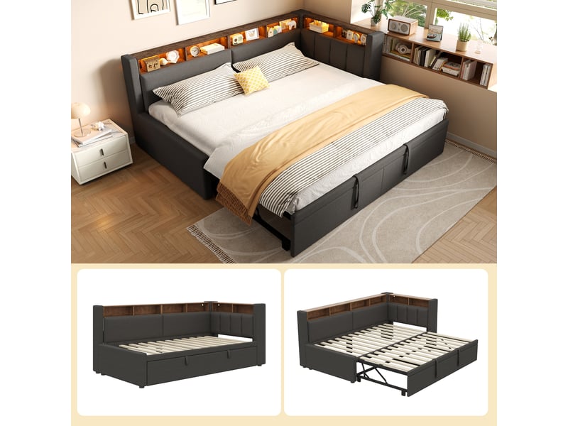  Canapé-lit 90 x 200 cm 180 x 200 cm – avec lit gigogne – avec éclairage led – revêtement en lin – gris (matelas non inclus)  - Conforama E