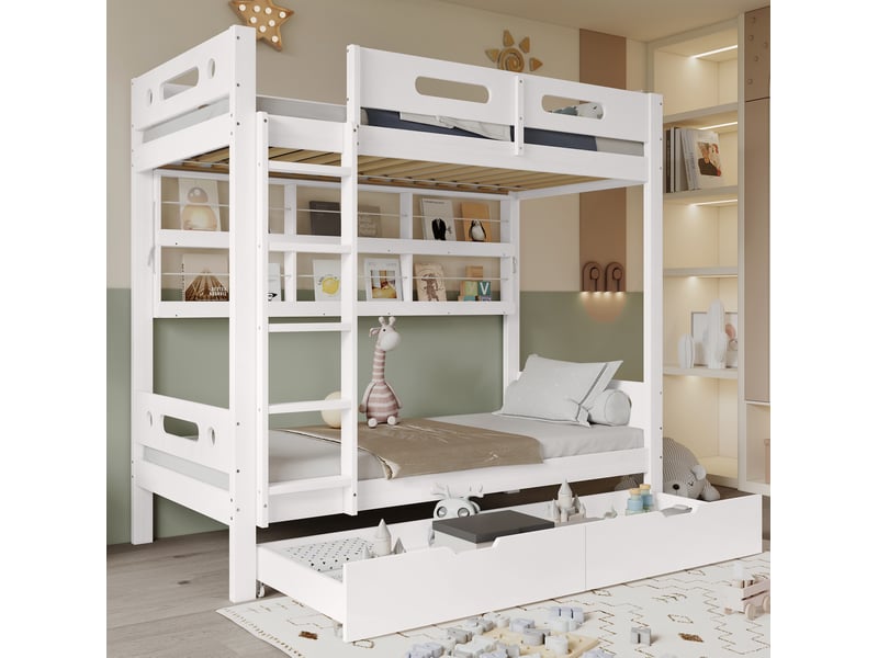  Lit superposé enfant 90x200 cm avec rangements blanc et naturel  - Conforama B