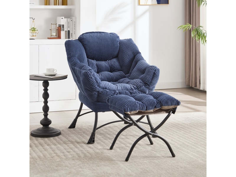  Fauteuil relax avec repose-pieds - 70x64x95cm - chaise lounge rembourrée avec poche latérale et pieds acier - bleu marine  - Conforama B