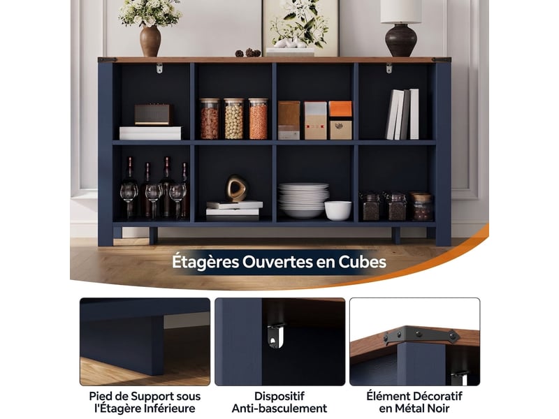  Buffet de cuisine 140 cm à 8 casiers en mdf bleu, meuble de rangement horizontal  - Conforama E