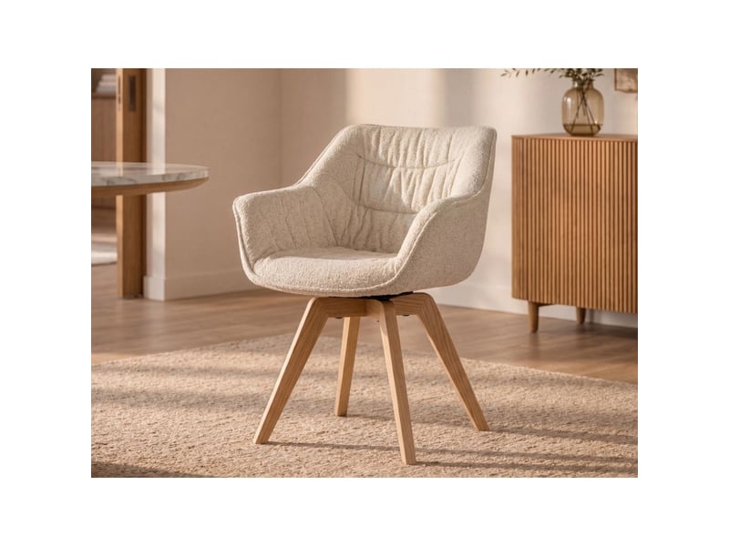  Lot de 2 chaises design comfy pivotantes en tissu tweed bouclette beige et pieds en chêne clair  - Conforama D