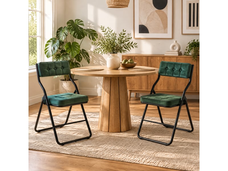  Lot de 2 chaises pliantes rembourrées 46x47x80 cm, sans montage, dossier incurvé 110°, assise en velours, structure acier renforcée, vert  - Conforama B
