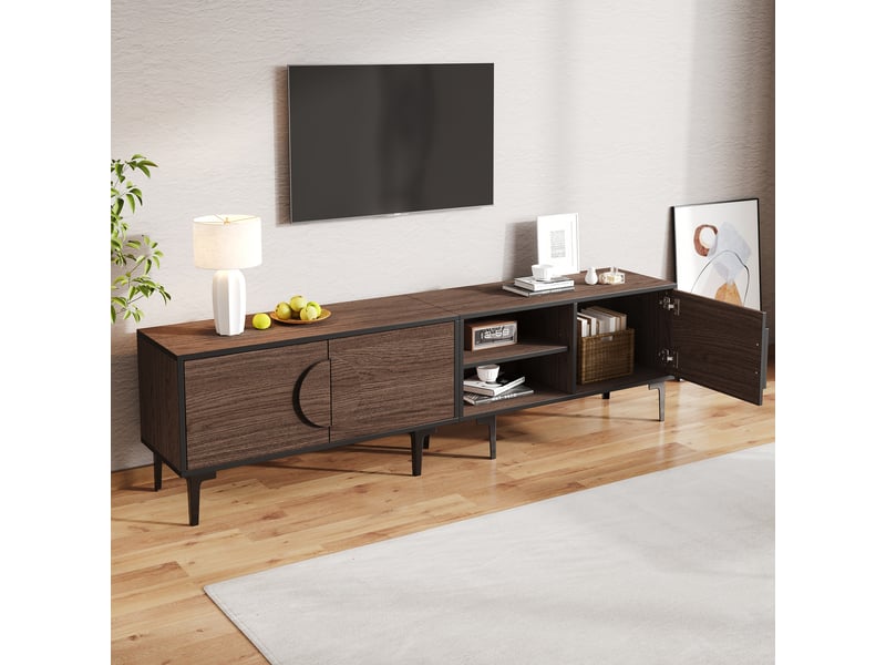  Meuble tv 180 cm noyer foncé pour écran 80 pouces avec 3 portes et rangements ouverts  - Conforama C