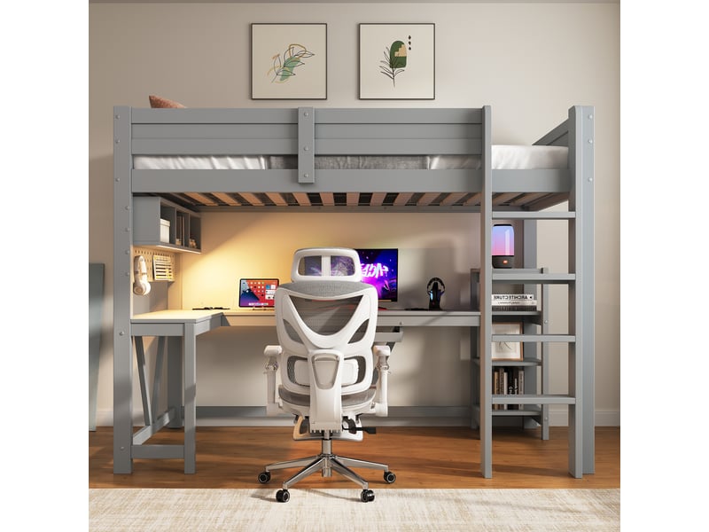 Lit mezzanine 90 x 200 cm avec bureau, penderie et étagères, tiroir pour clavier, prises usbusb-c et led en pin gris sans matelas  - Conforama C