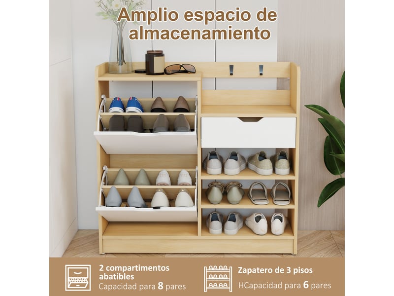 Étagère à chaussures pour entrée avec tiroir, étagères ouvertes, 4 crochets pour 14 paires de chaussures, naturel et blanc - Conforama E