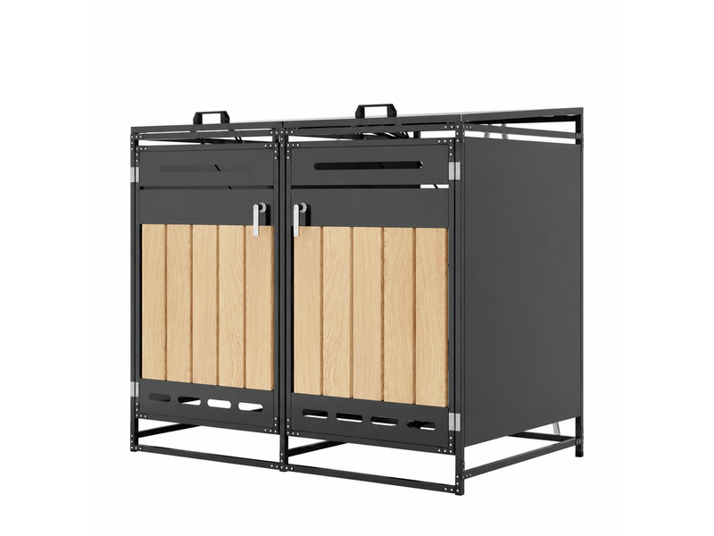  Coffre de jardin en fer avec couvercle hydraulique bardage aspect bois vertical ventilation à fentes longues et serrure  - Conforama A