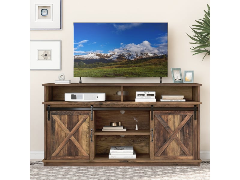  Meuble tv marron rustique 148 x 40 x 78 cm avec portes coulissantes, pour téléviseur jusqu'à 65 pouces  - Conforama D