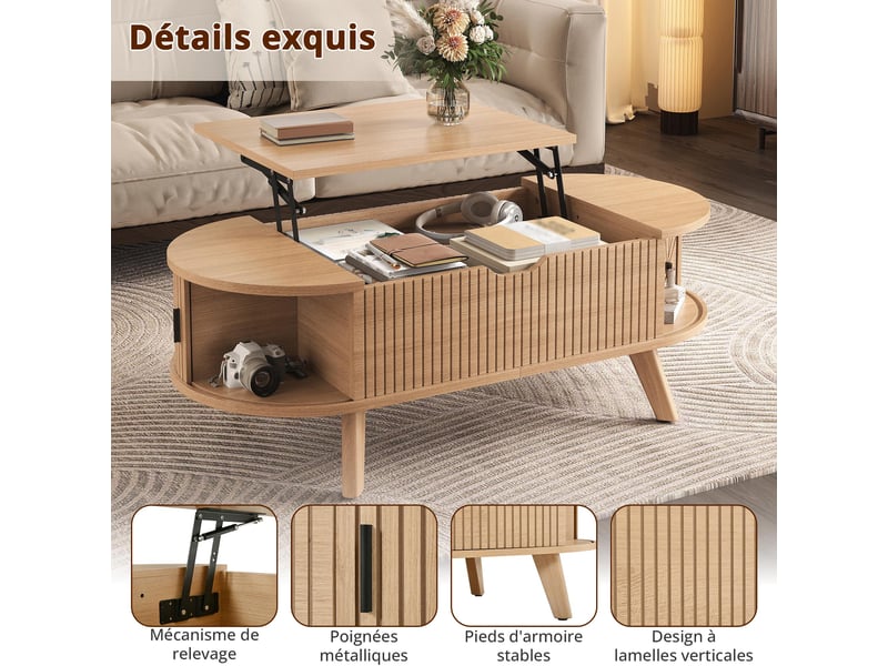 Table basse ovale relevable 100x48x54,5 cm avec plateau réglable, rangement caché et 2 portes coulissantes, effet ondulé, bois naturel - Conforama E