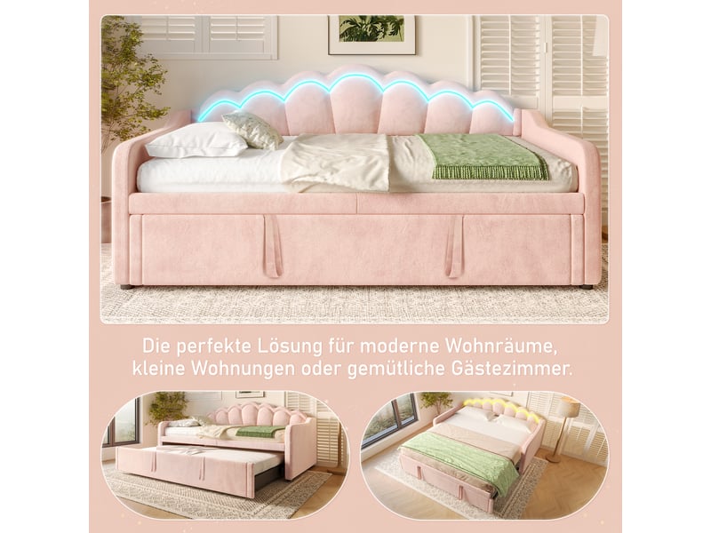  Lit de jour extensible 90x200 à 180x200 cm canapé-lit en velours rose avec bande led  - Conforama W