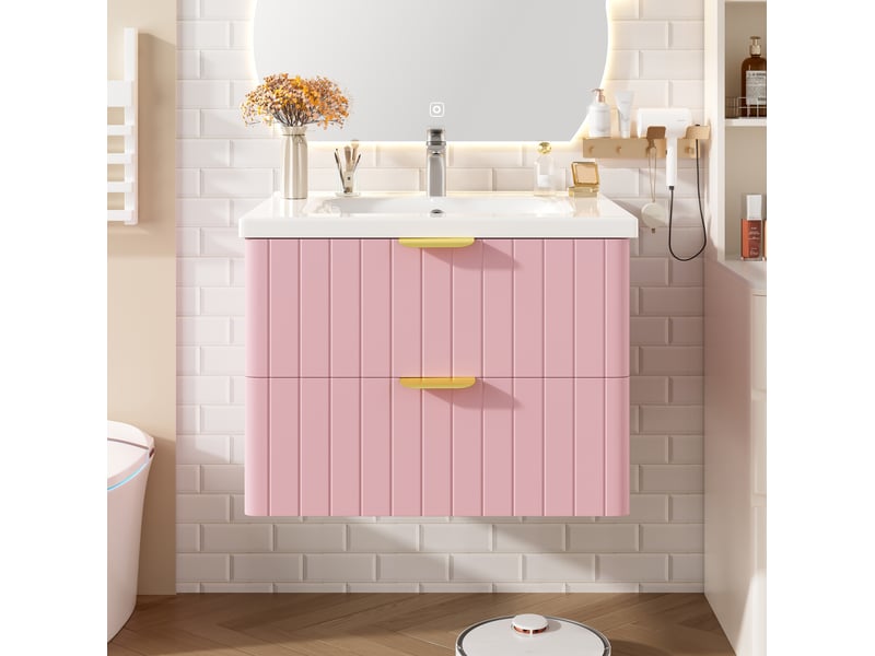  Meuble lavabo suspendu 60.5x47.5x47 cm, double rangement résistant à l'humidité, mdf, vasque céramique, rose et blanc  - Conforama D